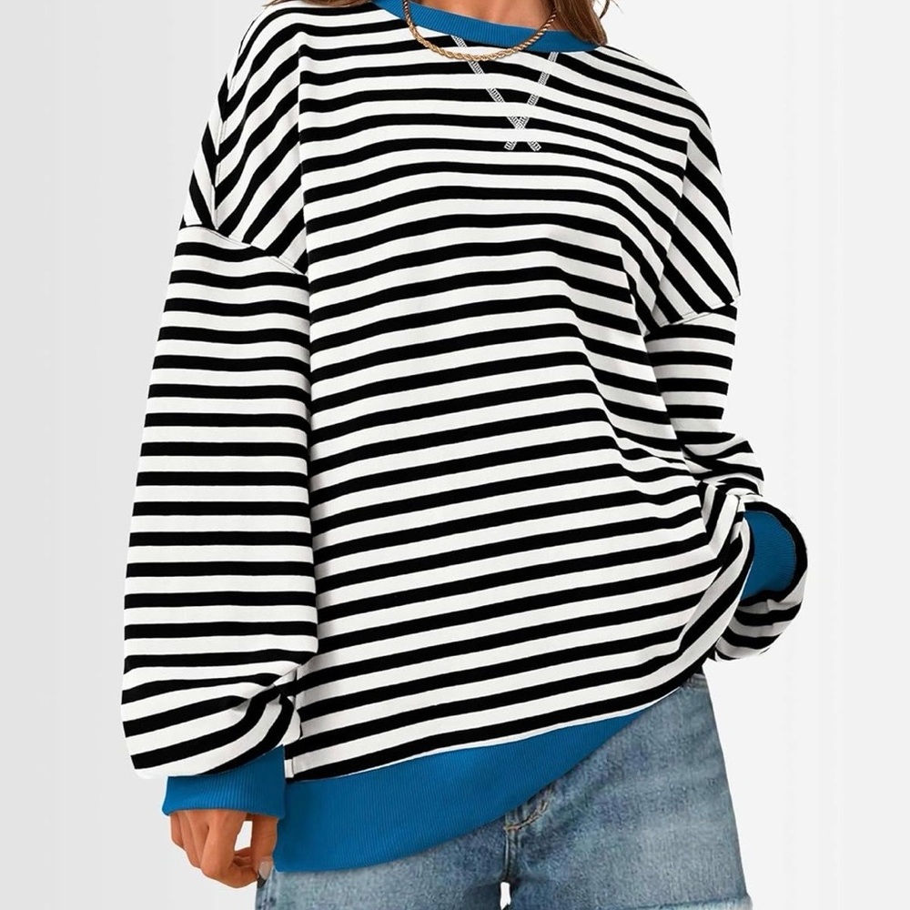 Striped Black & White oversized Crewneck Top with Blue Trim